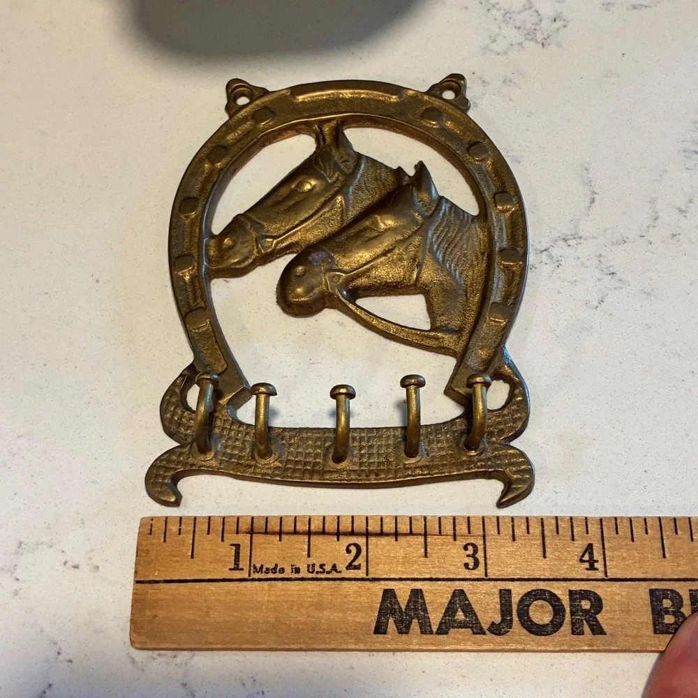 Key Rack Brass Horse Head Horseshoe 5 Hook Wall Mount Decor Equestrian Western